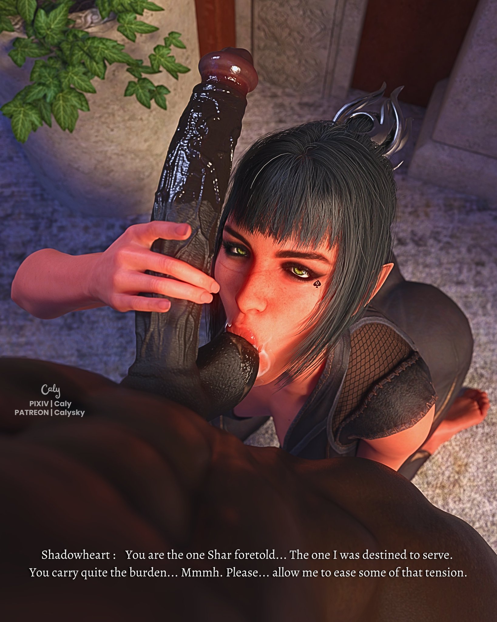 3d, 3d (artwork), 3d model, baldur's gate, black hair, calysky, dark-skinned male, english text, fellatio, green eyes, handjob, interracial, light-skinned female, looking at partner, qos, qos tattoo, queen of spades, saliva, saliva on penis, shadowheart, sucking balls, tagme, text