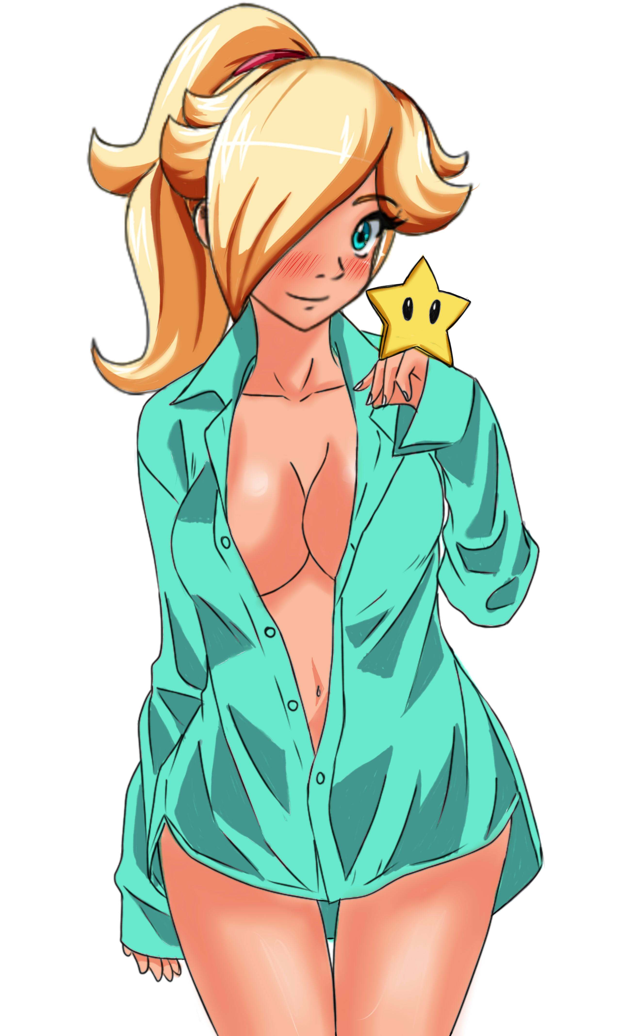 blonde hair, blue eyes, blush, bottomless, cleavage, ediiee, female, female only, human, mario (series), nintendo, open clothes, open shirt, ponytail, princess rosalina, shirt, solo, tied hair