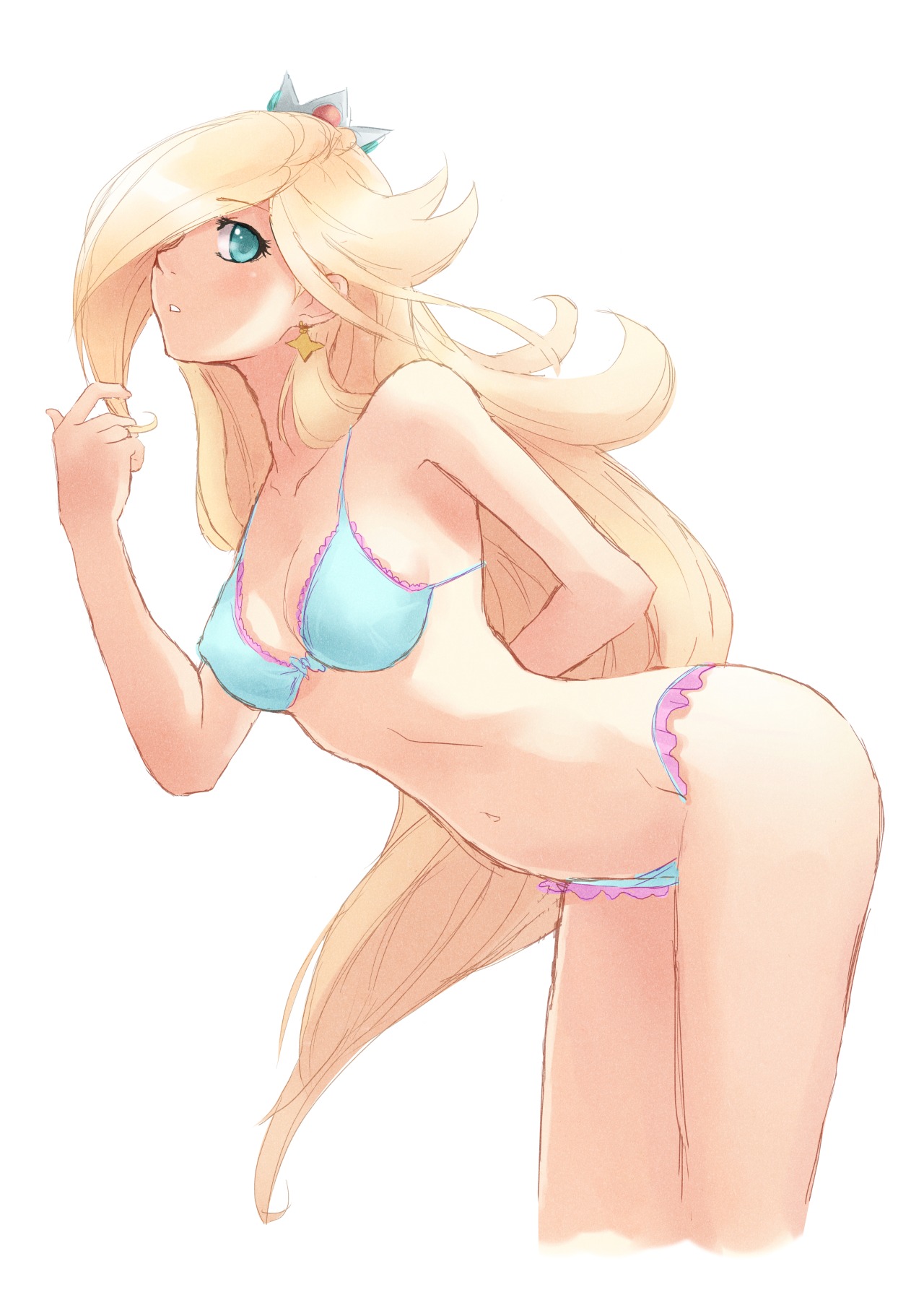 1girls, armpit, ass, bent over, blonde hair, blue eyes, blush, bra, cleavage, crown, earrings, erect nipples, female, female only, human, leaning forward, long hair, mario (series), moxie2d, nintendo, nipples, panties, princess rosalina, sketch, solo, standing, white background