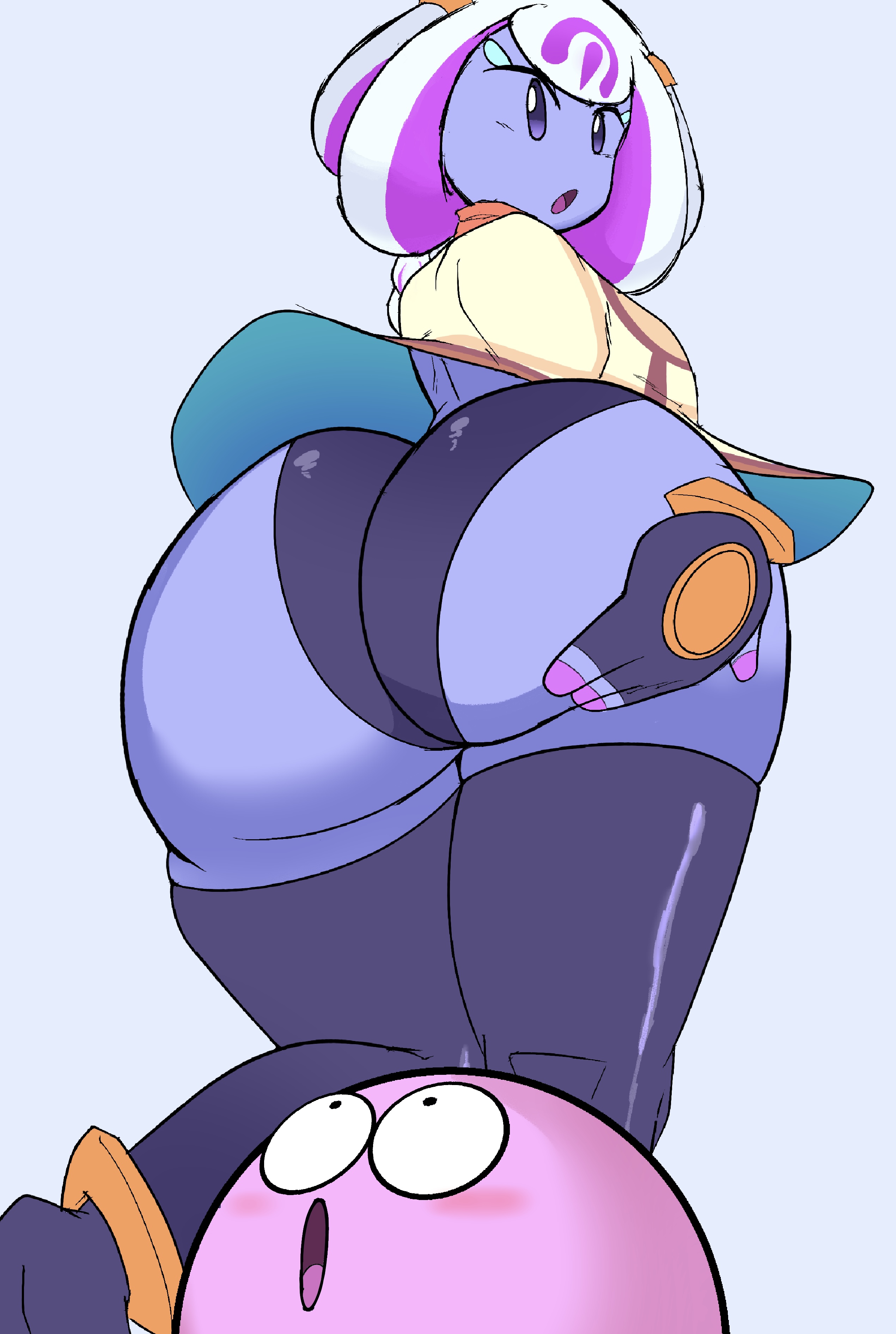 1boy, 1girls, ass, ass focus, big ass, blue skin, female, fonz, huge ass, kirby, kirby (series), large ass, male, mob face, nintendo, purple highlights, unnamed character, upskirt, white hair