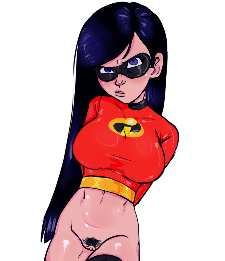 1girls, big breasts, black hair, breasts, disney, female, female only, hero costume, light skin, light-skinned female, pixar, pubic hair, pussy, semiya, solo, the incredibles, twitter link, violet parr