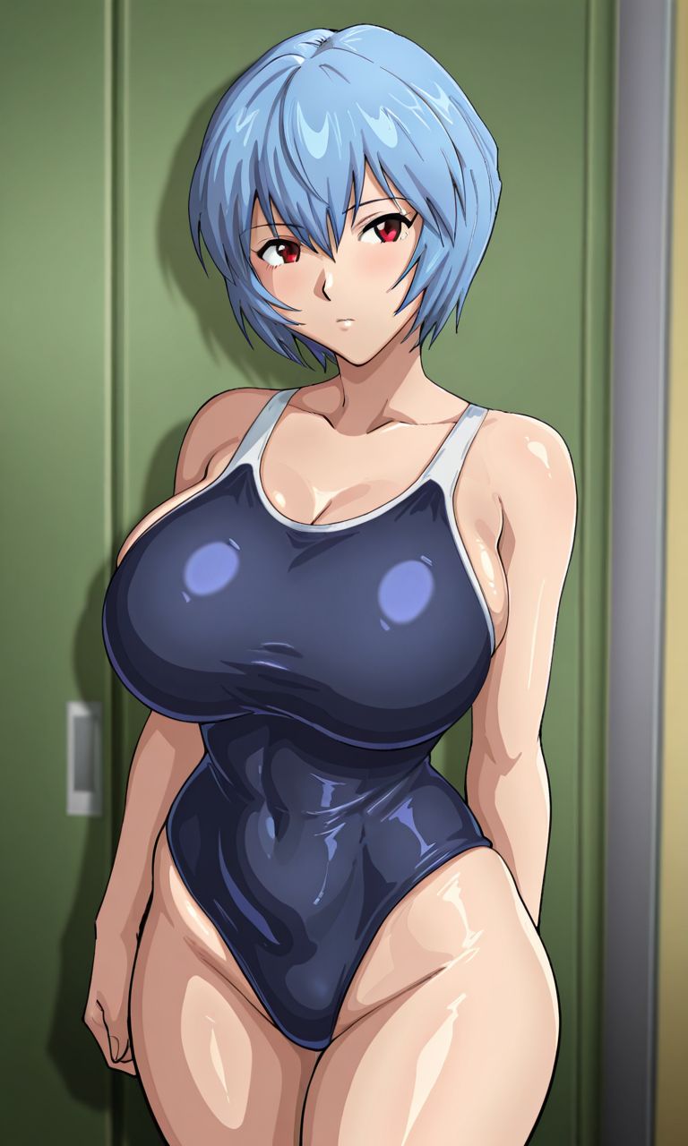 1girls, ai generated, ayanami rei, big breasts, curvy, curvy body, curvy female, curvy figure, female, female only, huge breasts, kyoru189, large breasts, light skin, light-skinned female, looking at viewer, mature female, neon genesis evangelion, one-piece swimsuit, rei ayanami, school swimsuit, shiny, shiny skin, short hair, solo, solo female, swimsuit