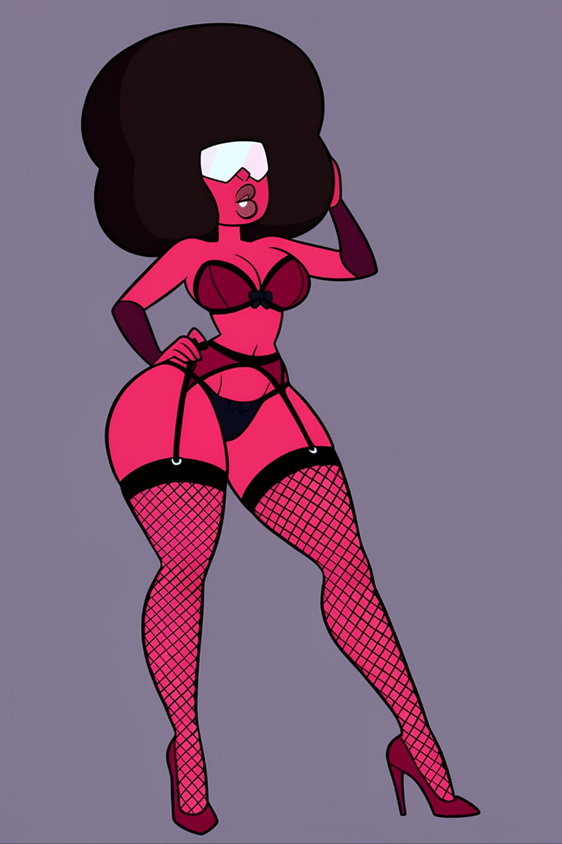 arm gloves, belly button, big breasts, big hair, bra, dick sucking lips, fishnet legwear, fishnet stockings, fishnets, garnet (steven universe), garter belt, garter straps, high heels, hourglass figure, lingerie, narrow waist, panties, steven universe, strapless bra, wide hips