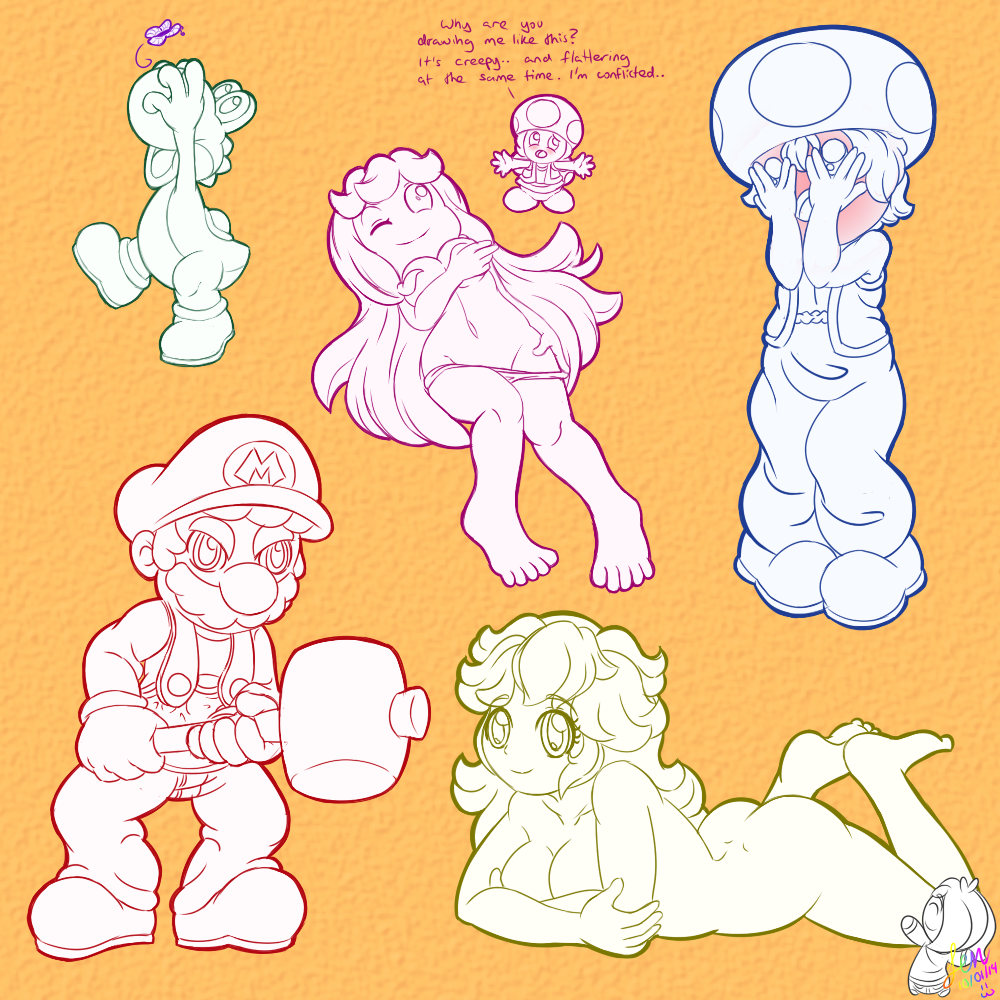 lentendoodle lying_on_stomach mario mario_(series) nintendo nude panties paper_mario princess_peach toad_(mario) toadette yoshi