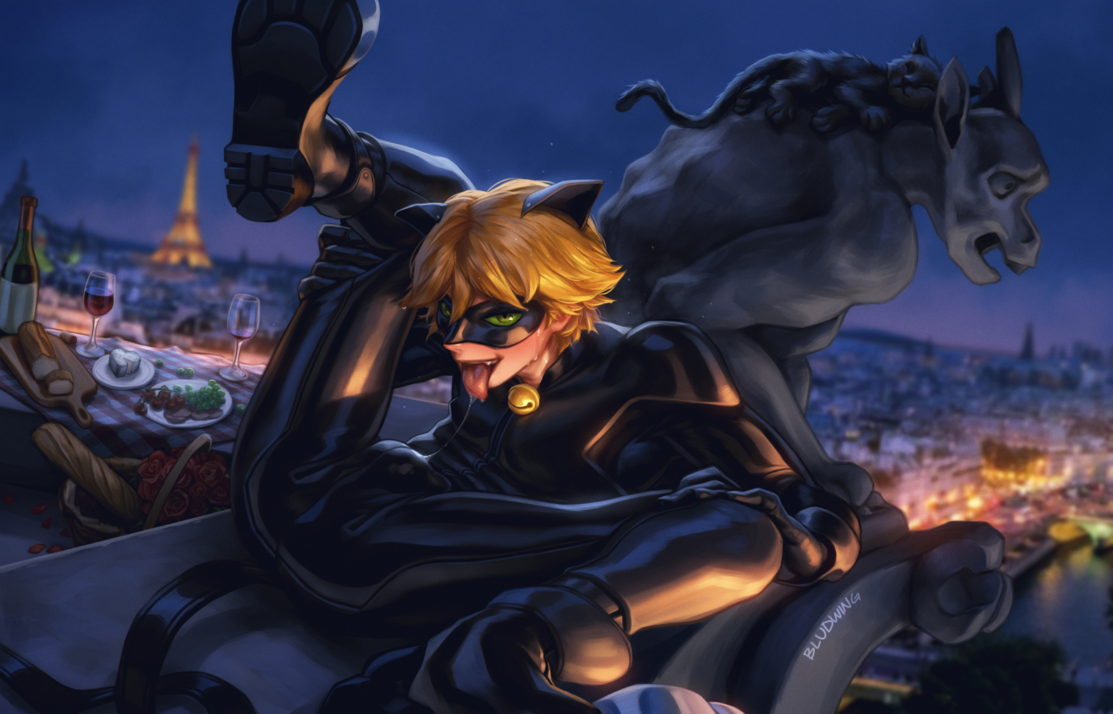 1boy, adrien agreste, blonde hair, blonde male, bludwing, bulge, cat, cat bell, cat boy, cat ears, cat noir, chat noir, clothed, domino mask, gargoyle, gay, latex, male, male only, miraculous ladybug, miraculous: tales of ladybug and cat noir, saliva, saliva string, sharp teeth, sweat, sweatdrop, sweating, sweaty