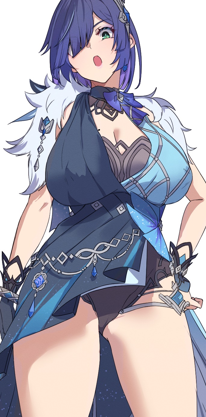 1girl, breasts, genshin impact, green eyes, looking at viewer, short hair, solo, standing, thick thighs, yelan (genshin impact), yelan (tranquil banquet) (genshin impact), ynfkin