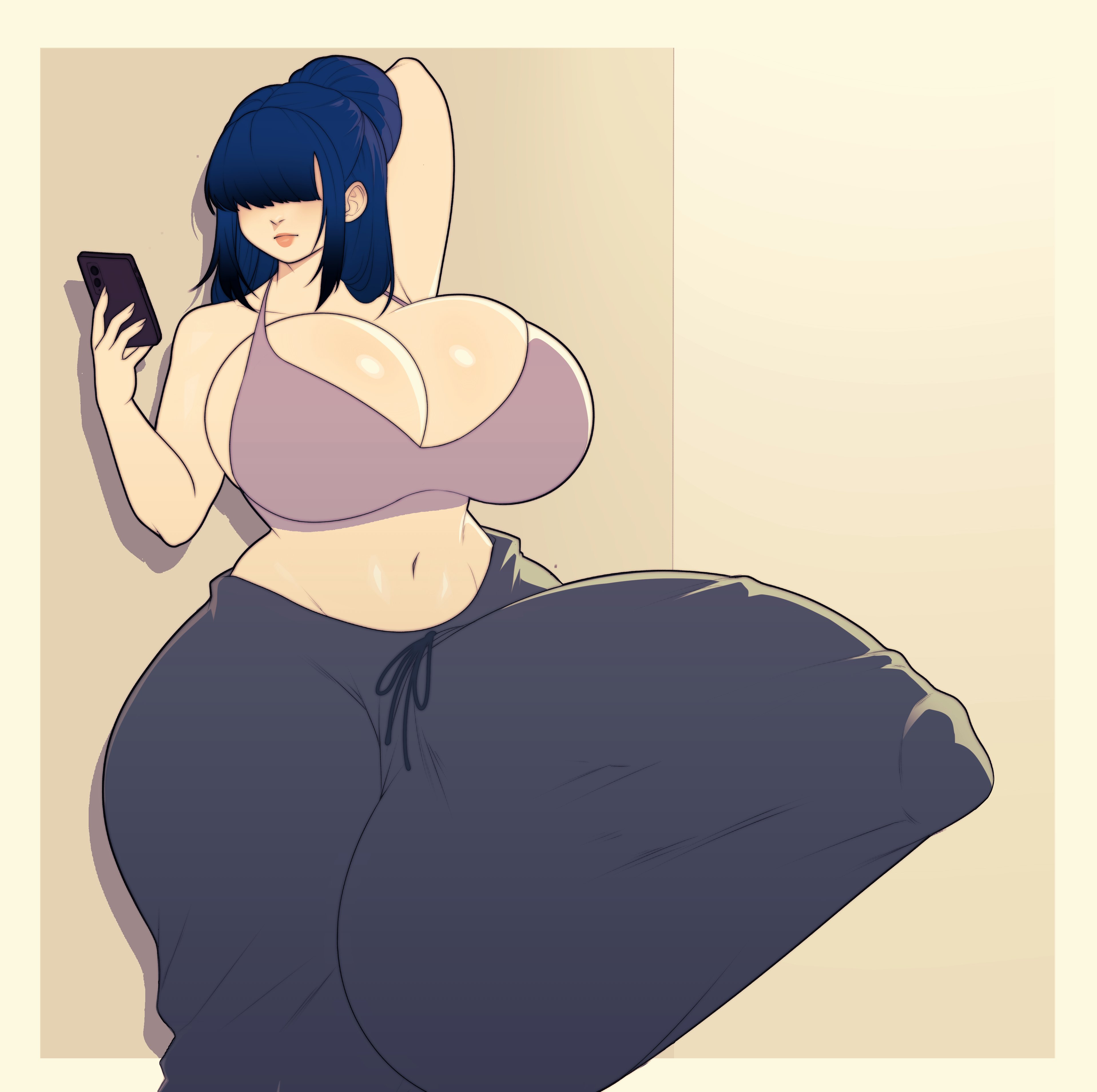 1futa, 2026, 2d, absurd res, absurdres, balls bigger than head, bangs, bare shoulders, belly, belly button, big balls, big breasts, big cock, big penis, big testicles, blue hair, blunt bangs, breasts, breasts bigger than head, bulge, bulge under clothes, collarbone, commission, curvaceous, curvaceous figure, curvy, curvy body, curvy figure, curvy hips, dickgirl, dickgirl only, enormous penis, erect penis, erection, erection under clothes, erection under clothing, futa only, futanari, gigantic balls, gigantic cock, gigantic penis, gigantic testicles, hair covering eye, hair covering eyes, hair over eye, hair over eyes, hi res, highres, hourglass figure, huge balls, huge breasts, huge cock, huge penis, huge testicles, hyper, hyper penis, intersex, intersex only, large balls, large breasts, large cock, large penis, large testicles, massive cock, massive penis, medium hair, midriff, mymacabre, navel, original, original character, penis bigger than head, penis bigger than torso, solo, solo futa, stomach, sweat pants, sweatpants, thick, thick hips, thick legs, thick penis, thick thighs, thighs, voluptuous, voluptuous body, voluptuous futa