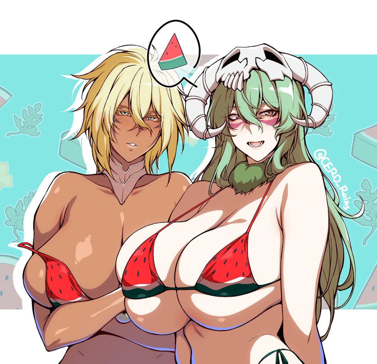 2girls, arrancar, big breasts, bikini top pull, bleach, bleach: the thousand-year blood war, blonde hair, breast focus, breasts, busty, cero rains, curvy, dark skin, dark-skinned female, espada, facial markings, female, female focus, female only, green hair, huge breasts, long hair, mature female, nelliel tu odelschwanck, skimpy, skimpy bikini, skull hair ornament, tia harribel, voluptuous, voluptuous body, voluptuous female, watermelon, watermelon bikini, watermelon bra, watermelon slice