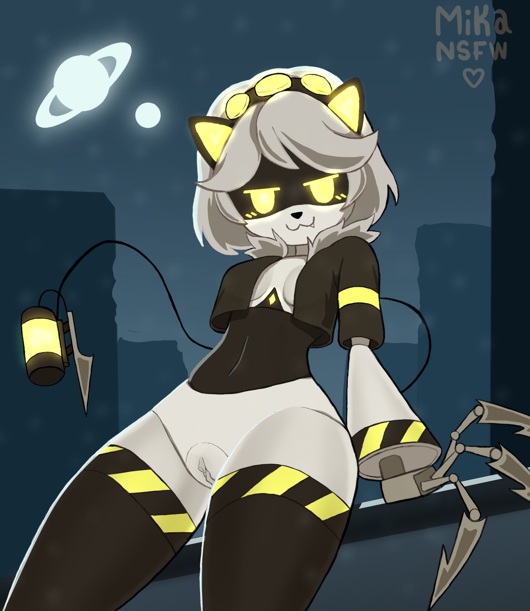 bottomless, breasts, cat ears, disassembly drone, female, female focus, female only, furry murder drone, half naked, looking at viewer, mikansfw, murder drones, pussy, robot, robot girl, smug face, solo, solo female, v (murder drones)