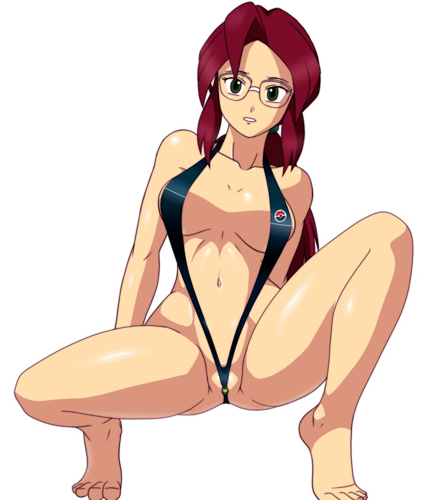 breasts, elite four, female, glasses, hair tie, human, human only, lorelei (pokemon frlg), lorelei (pokemon), pokemon, pokemon frlg, pokemon lgpe, pokemon rgby, red hair, sling bikini