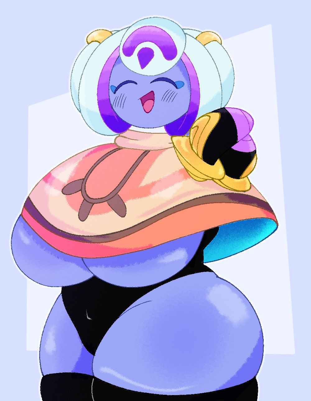 big breasts, blush, breasts, chubby, clothed, clothing, female only, hair ornament, happy, holding hands, huge ass, kirby (series), leggings, legs, legwear, poncho, purple skinned female, smile, smiling, soul-sketched, tagme, thick thighs, thighhighs, thighs, unnamed character