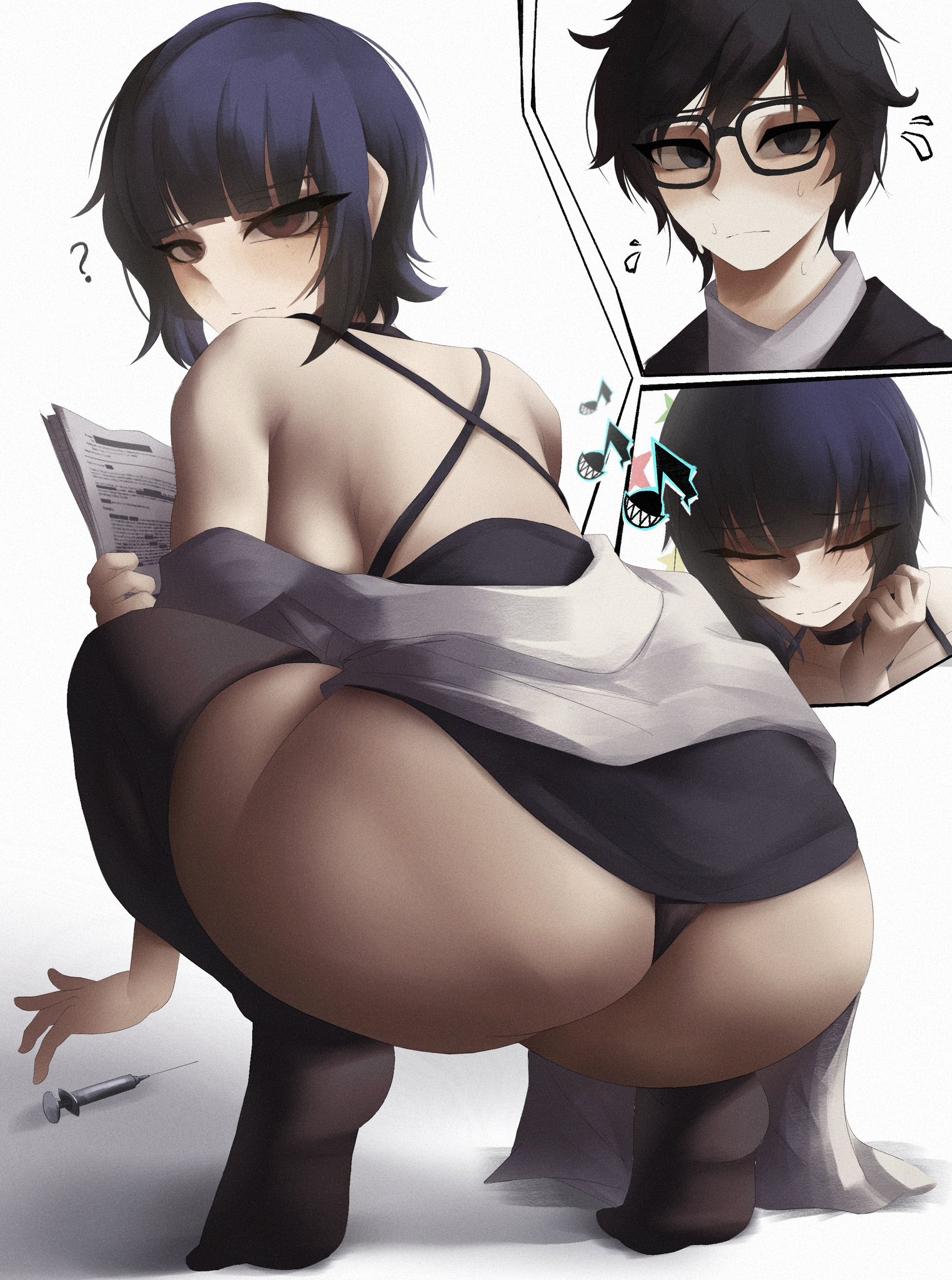 ?, 1boy, 1girls, ass, atlus, bare shoulders, black hair, black panties, black thighhighs, black thong, closed eyes, doctor, dress, female, glasses, looking at viewer, looking back, looking back at viewer, male, naxless, panties, persona, persona 5, ren amamiya, short hair, squatting, tae takemi, thighhighs, thong, underwear