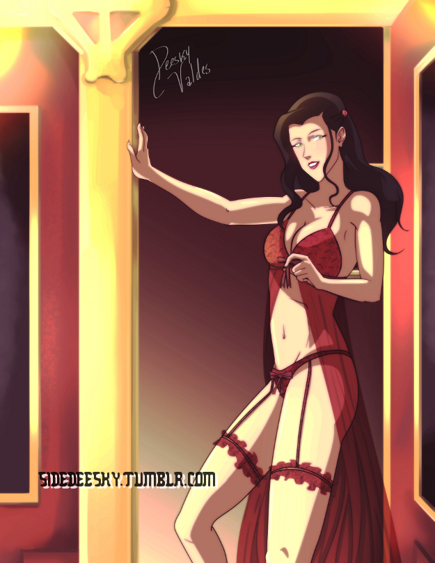 1girls asami_sato avatar_legends avatar_the_last_airbender cleavage deesky female female_only garter_straps green_eyes human large_breasts lingerie long_hair navel negligee panties red_lingerie smooth_skin solo standing stockings the_legend_of_korra