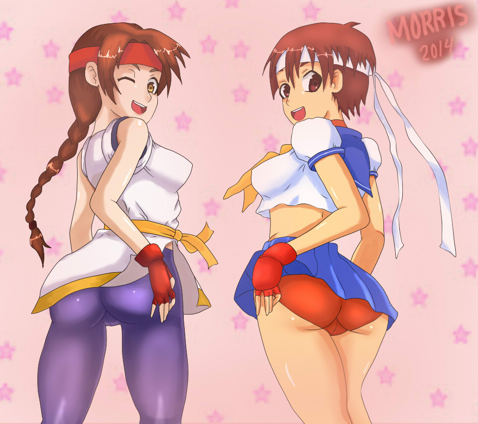 2girls, art of fighting, back view, female, king of fighters, morris, sakura kasugano, snk, street fighter, upskirt, yuri sakazaki