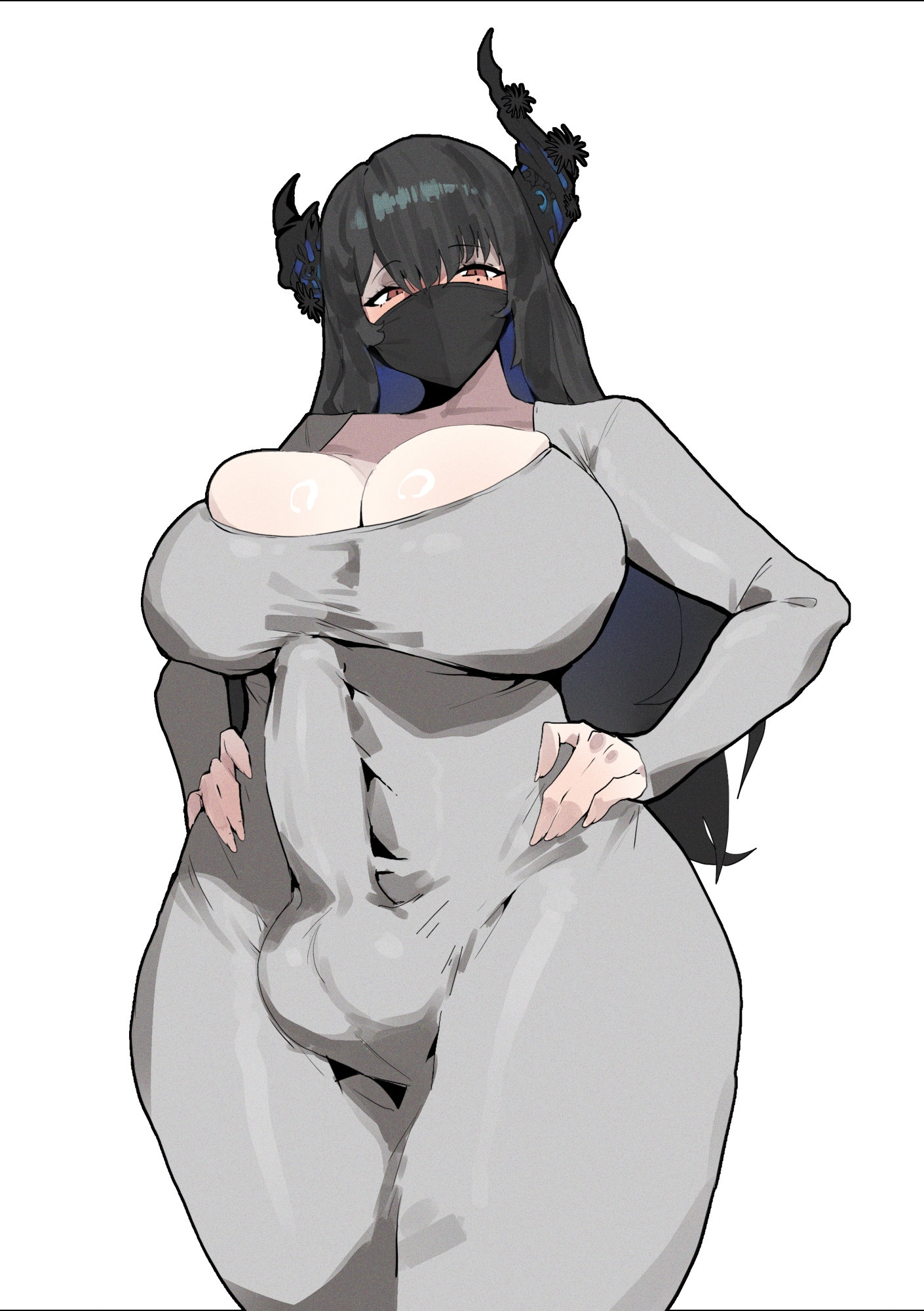 1futa, big breasts, black hair, breasts, bulge, bulge through clothing, clothing, dongtan dress, dress, face mask, feet out of frame, futa only, futanari, hololive, hololive english, hololive english -advent-, horns, large breasts, long hair, looking at viewer, mole, mole under eye, nerissa ravencroft, penis, red eyes, sio4 4, virtual youtuber