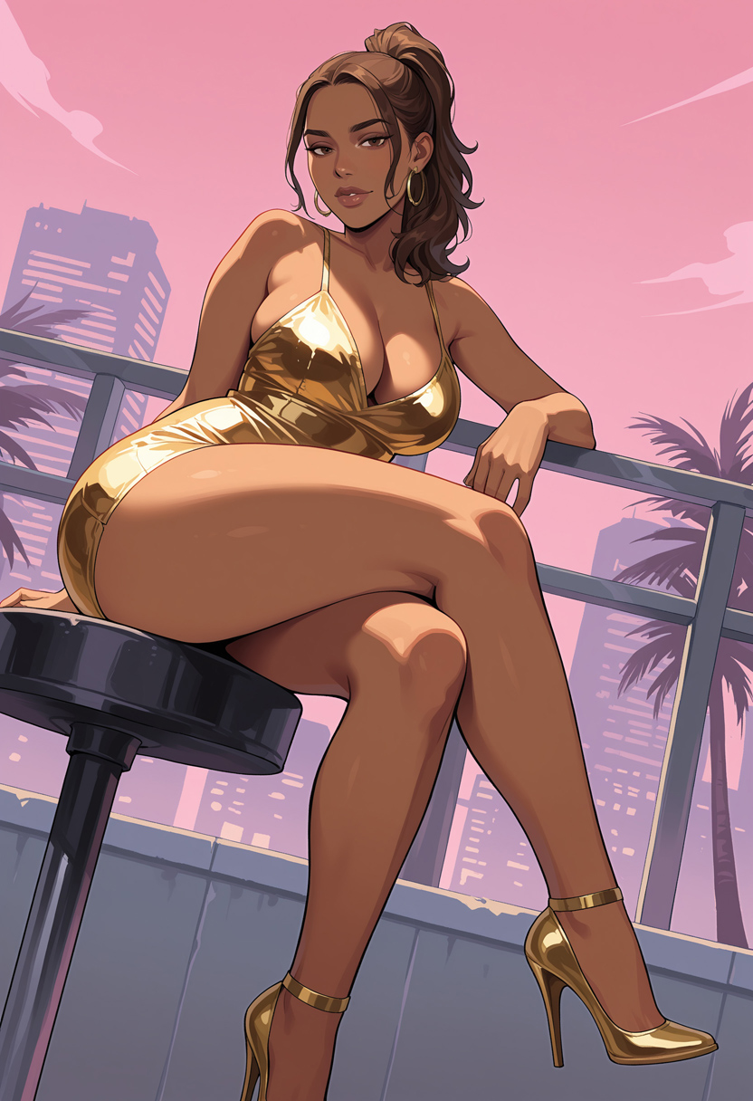 1girls, ai generated, artoonizer, ass, big ass, big breast, breasts, brown eyes, brown hair, brown skin, brown skinned female, brunette, crossed legs, curvy, curvy female, curvy figure, dark skin, dark-skinned female, dress, earrings, female, female only, gold dress, gold earrings, grand theft auto, grand theft auto vi, high heels, hoop earrings, jewelry, latina, latina female, legs together, lips, lipstick, long hair, looking at viewer, lucia caminos, narrow waist, parted lips, patreon, patreon username, plunging neckline, ponytail, posing, sitting, sitting on chair, solo, solo female, solo focus, thick thighs, tied hair, tight clothing, viewed from below, wide hips
