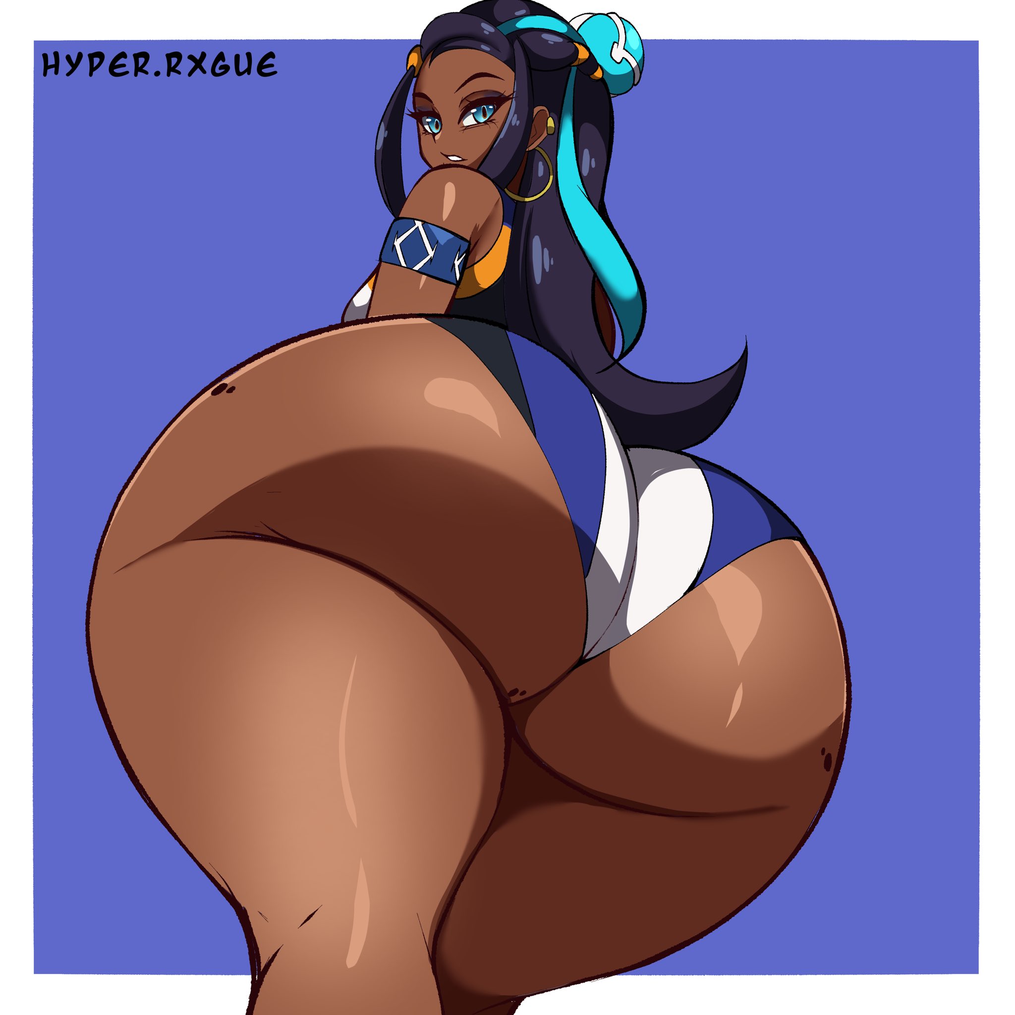 1girls, ass, ass hanging out, ass hanging out of shorts, big ass, black hair, booty shorts, bottom heavy, breasts, bubble butt, clothing, dark skin, dark-skinned female, fat ass, female, female only, gluteal fold, huge ass, hyperrxgue, large ass, looking at viewer, looking back, low-angle view, massive ass, nessa (pokemon), pokemon, short shorts, shorts, solo, thick ass, thick thighs, thunder thighs, wide hips