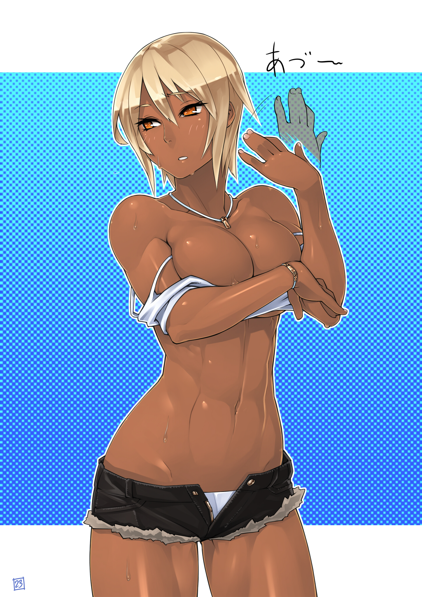1girls, abs, bare shoulders, blonde hair, blush, bracelet, breast hold, breasts, cleavage, cutoffs, dark skin, dark-skinned female, denim, denim shorts, female, highres, jewelry, large breasts, lowleg, midriff, muscular, muscular female, nail, nail polish, navel, necklace, off shoulder, open clothes, orange eyes, original, panties, sela (sela god), sela god, shiny, shiny skin, short hair, short shorts, shorts, solo, sports bra, standing, sweat, tan skin, text, topless, translated, underwear, undressing, unzipped, white panties