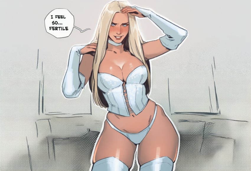 blonde hair, emma frost, female, female only, fertile, fertile female, fertile hips, fertility, marvel, marvel comics, mutant (marvel), official art, thick thighs, x-men