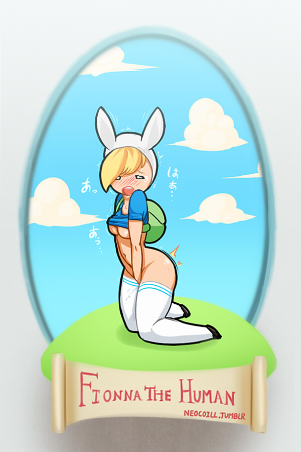 adventure time, backpack, bag, blonde hair, blush, breasts, female, fingering, fionna the human girl, hood, human, kneeling, masturbation, navel, neocoill, no panties, open mouth, solo, stocking, t-shirt, tears, thighhighs, underboob