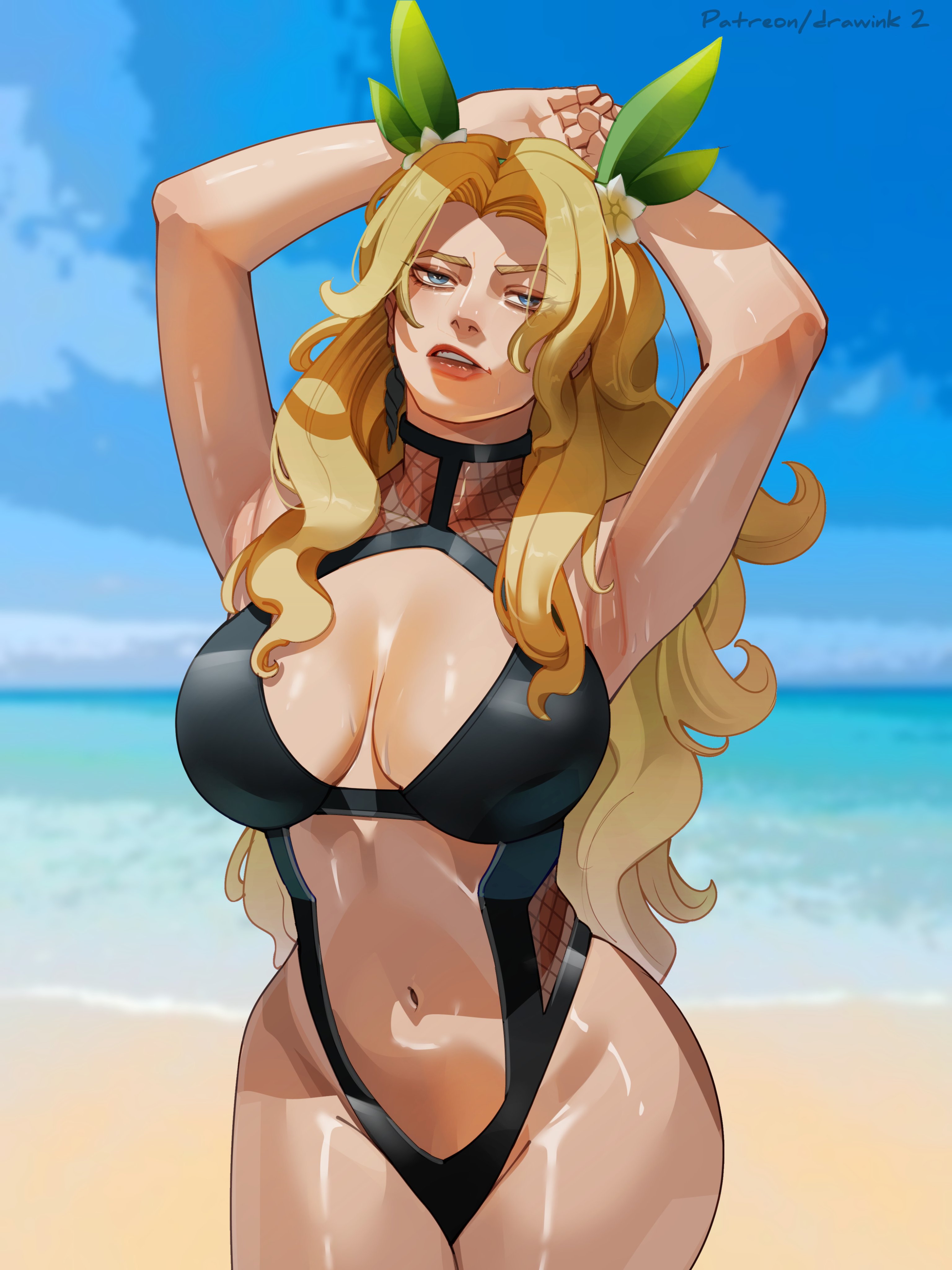 2d, beach, big ass, big breasts, bikini, blonde hair, breasts, cleavage, clothing, drawink, female, female only, fully clothed, magik (illyana rasputin), magik (marvel rivals), magik (soul surfer), marvel, marvel rivals, midriff, navel, solo, swimsuit, thick thighs