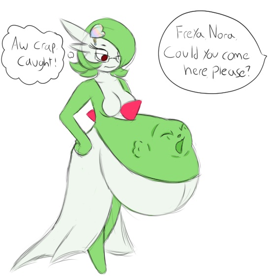 1girls abdominal_bulge anthro_only belly belly_bulge breasts bulge carnivorousvixen female female_gardevoir gardevoir nintendo pokemon pokemon_(species) pokemon_rse solo stomach_bulge text vore vore_belly