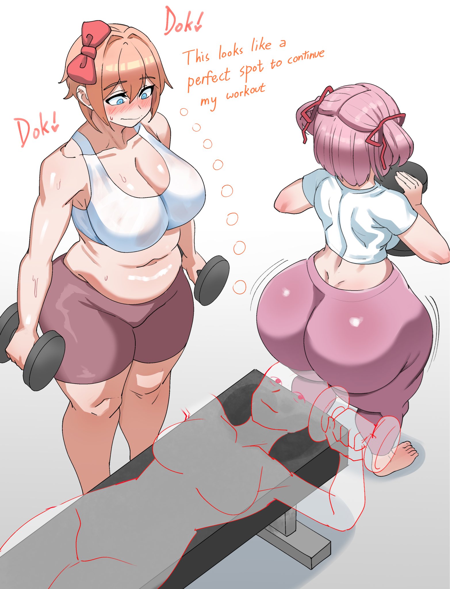 2d, 2girls, 3girls, ass, blue eyes, blush, blushing female, bottom heavy, bow, breasts, brown hair, bubble butt, busty, cleavage, dialogue, doki doki literature club, exercise, female, female only, gym clothes, huge ass, imminent facesitting, large breasts, lifting weights, light skin, light-skinned female, natsuki (doki doki literature club), pink hair, sayori (doki doki literature club), sweat, sweaty, tagme, text, thick thighs, thighs, weightlifting, weights, white background, working out, yoga pants, ytrall, yuri