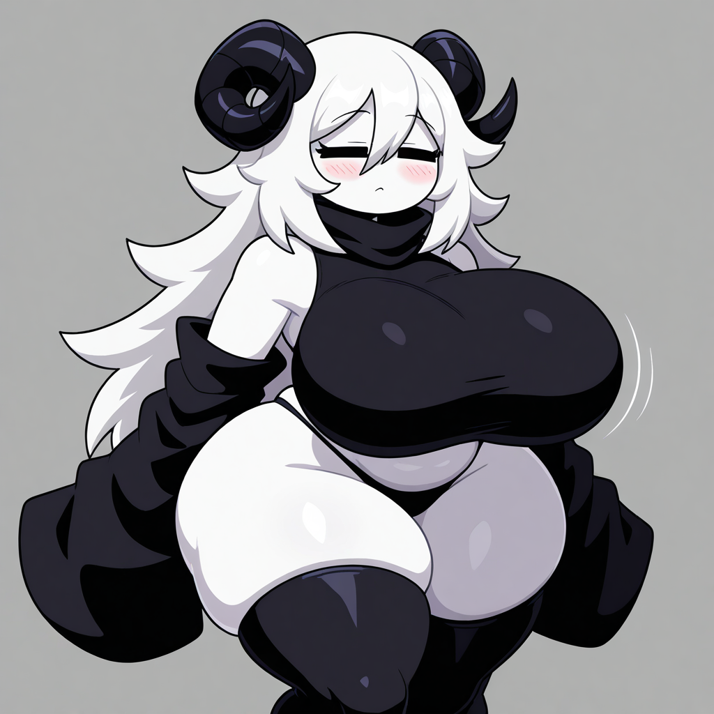 1girls, ai generated, black horns, black panties, black shirt, black thighhighs, closed eyes, demon girl, detached sleeves, female, female only, goat horns, huge breasts, roblox, roblox avatar, thick thighs, white body, white hair, white skin