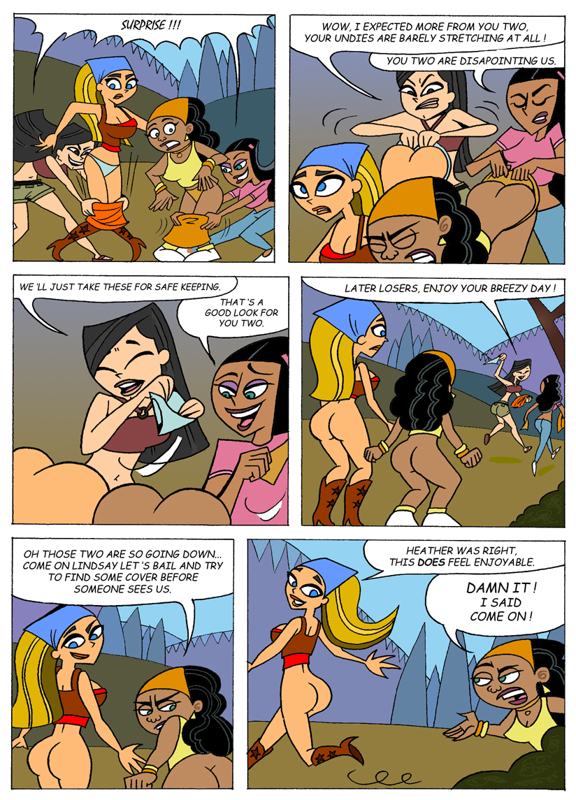 4girls antonissen ass big_breasts bimbo blonde_hair bottomless breasts brown_skin busty cartoon_network comic crossover danny_phantom dark-skinned_female dark_skin female female_only hair heather_(tdi) human human_only large_breasts lindsay_(tdi) long_hair multiple_girls nickelodeon pantsing paulina_sanchez speech_bubble teeth text total_drama_island valerie_gray