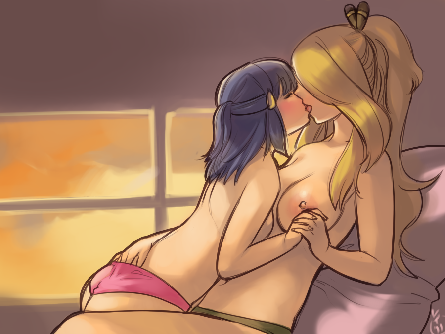 2girls age_difference ass ass_grab asymmetrical_docking blonde_hair blue_hair blush breast_press breasts champion closed_eyes couple cynthia_(pokemon) dawn_(pokemon) female female_only french_kiss hair_ornament hair_over_one_eye hairclip hand_in_panties height_difference holding_hands human indoors kiss large_areolae large_breasts long_hair making_love multiple_females multiple_girls nintendo nipples panties pokemon pokemon_dppt reclining roarke_(lavenderincubus) topless underwear wholesome yuri