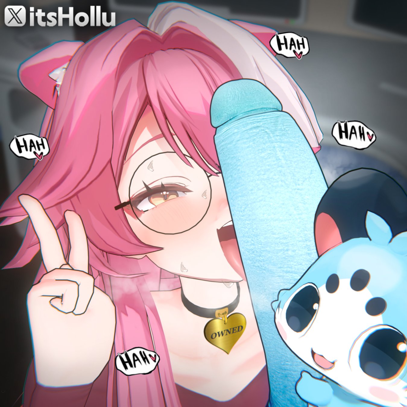 1boy, 1girls, 3d, animal collar, big penis, chattino (raora panthera), collar, dick on face, fan mascot (vtuber), fan mascot focus (vtuber), glasses, hololive, hololive english, hololive english -justice-, imminent fellatio, itshollu, looking at penis, panting, peace sign, penis awe, penis on face, raora panthera, tongue on penis, tongue out, virtual youtuber