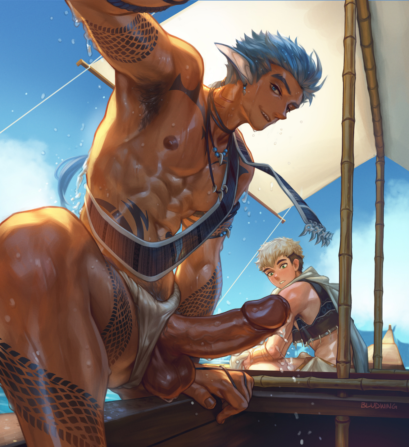 2boys, armpit, armpit hair, armpits, bludwing, blue hair, boat, cock, color, colored, dick, elf ears, gay, gay male, looking at viewer, penis, sharp ears, sharp teeth, staring, staring at penis, tattoo, union max, water drop, yaoi