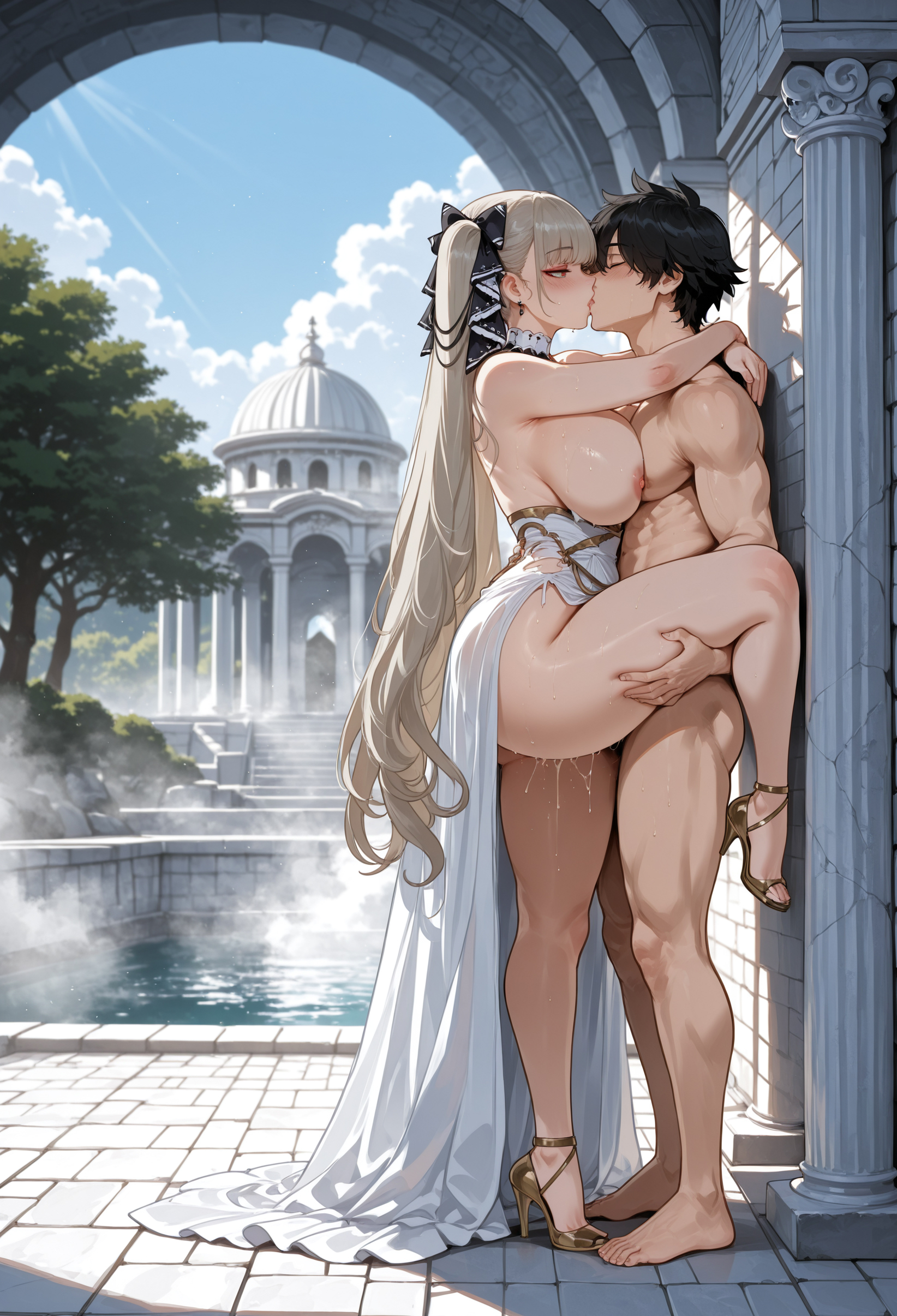 1boy, 1girl, ai assisted, ai generated, ass, azur lane, bangs, barefoot, black hair, blush, breasts, breasts outside, cloud, cum, cum in pussy, curvaceous, curvy, curvy female, curvy figure, day, dress, earrings, female, formidable (azur lane), french kiss, hair ribbon, hetero, high heels, jewelry, kiss, large breasts, long hair, manly, miyuai, nipples, outdoors, penis, ribbon, sex, silver hair, sky, standing, standing sex, sweat, thick, thick ass, thick butt, thick hips, thick legs, thick thighs, thighs, toes, tree, vaginal, very long hair, voluptuous, voluptuous female, wide hips, wide thighs