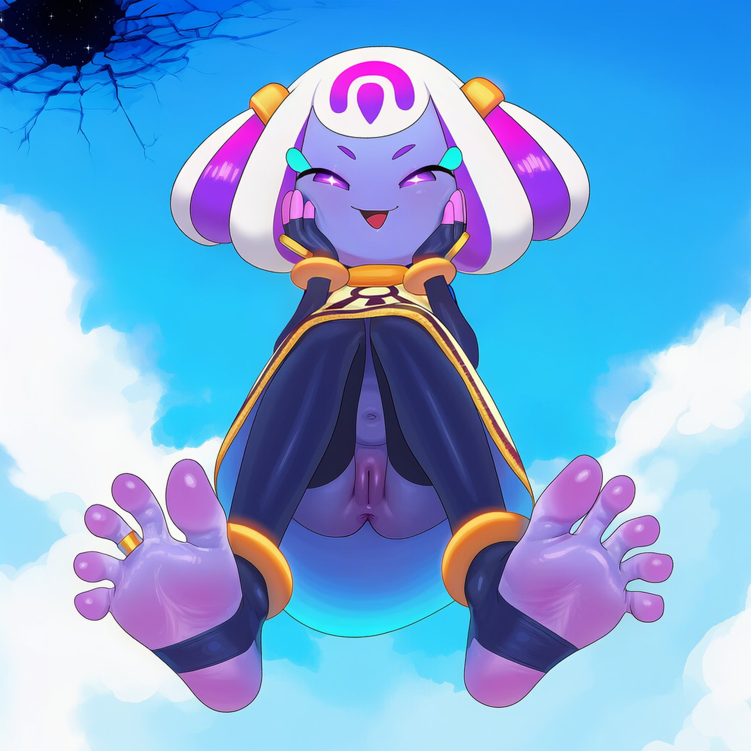 1girl, ai assisted, ankle cuffs, anus, anus peek, blue body, feet, foot fetish, foot focus, hands on face, kirby (series), kokenaart, looking at viewer, mouth open, multicolored hair, nintendo, poncho, pov, purple hair, pussy, short hair, smug, soles, squinting, toe ring, unknown character, unnamed character, upskirt, white hair, wrist cuffs