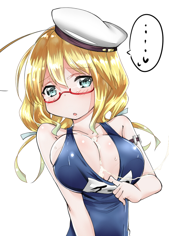 beret blonde_hair blue_eyes blush breasts bust cum cum_on_body cum_on_breasts cum_on_upper_body female glasses hair_ribbon hat i-8_(kantai_collection) kantai_collection large_breasts long_hair looking_at_viewer open_mouth red-framed_glasses ribbon school_swimsuit serakoutarou solo swimsuit swimsuit_tug