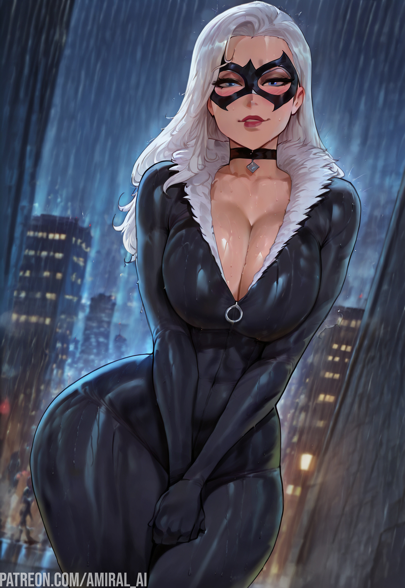 1girls ai_generated amiral_ai big_breasts black_cat_(marvel) black_suit blue_eyes blush breasts city cleavage curvy hips light-skinned_female looking_at_viewer makeup marvel marvel_comics mask masked_female raining red_lips reflective_clothing spider-man_(series) suit thick_thighs thighs tight_clothing white_hair