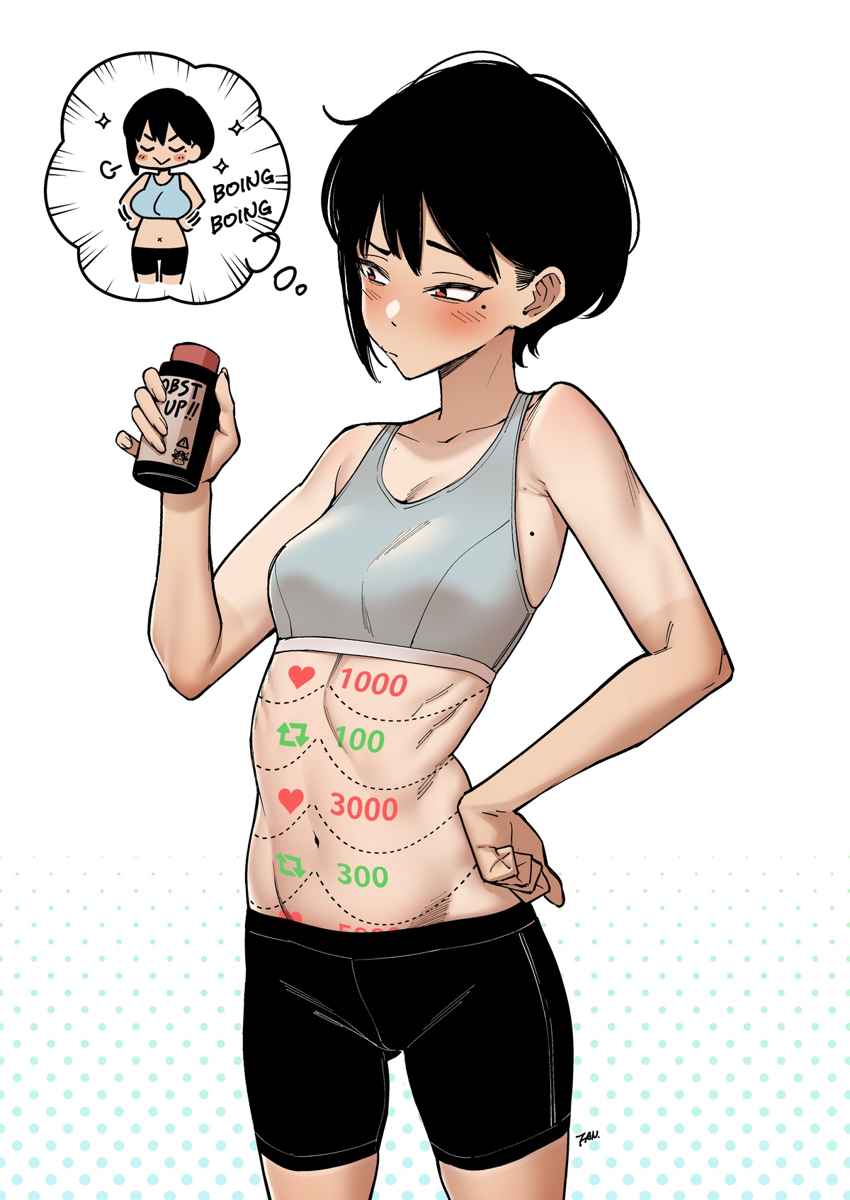 1girls, black hair, blush, breast expansion, breast growth, breast growth (enlargement), breasts, dotted line, expansion, fan (f.w.zholic), farmer's tan, female, female only, implied expansion, mole, navel, one eyebrow raised, red eyes, small breasts, twitter strip game (meme), yoga pants