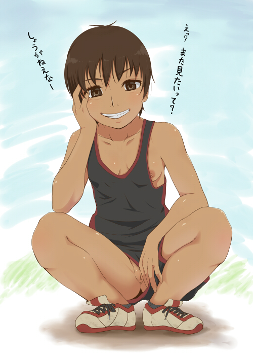 breasts, brown eyes, brown hair, dangorou (yushi-art), female, flashing, no bra, no panties, original, pussy, short hair, shorts, small breasts, smile, sneakers, spread legs, squatting, tank top, text, tomboy, translation request, uncensored, very short hair