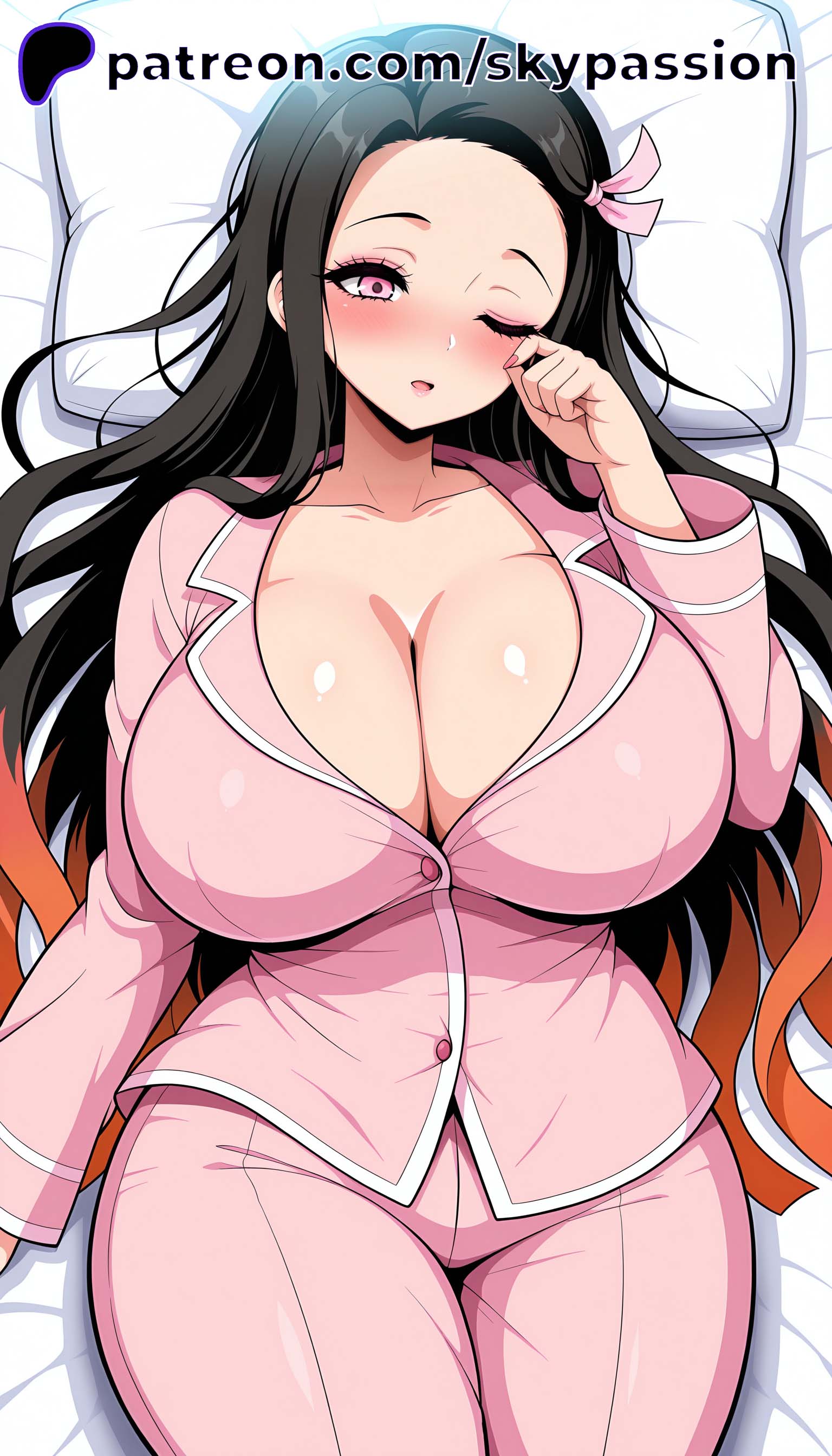 1girls 1woman 2025 ai ai_assisted ai_generated alternate_breast_size anime anime_girl anime_style arstist_name big_breast big_breasts black_hair blush breast breast_focus breasts breasts_focus cleavage clothes collarbone completely_naked_female completely_nude completely_nude_female curvy demon_slayer dressed female hair_ribbon hi_res high_quality high_resolution highres huge_breasts kamado_nezuko kimetsu_no_yaiba long_hair long_sleeves longsleeves looking_at_viewer lying multicolored_hair on_back one_eye_closed open_mouth orange_hair pajamas patreon patreon_logo patreon_username pillow pink_eyes pink_pajamas pink_ribbon seductive seductive_look seductive_pose skypassion solo solo_focus stable_diffision thighs watermark web_address