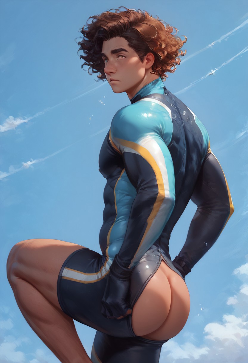 ai_generated ass ass big_ass big_butt blue_sky bodysuit boy brown_hair bubble_ass bubble_butt cloud day hazel_eyes looking_at_viewer looking_back male open_back open_butt outdoors plump_ass round_ass round_butt skin_tight sky tallcallipygian tcallipygian thick_thighs thighs wetsuit