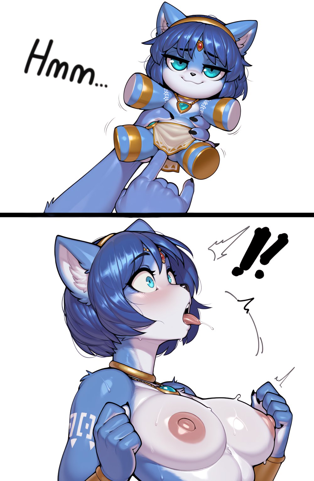 1boy, ai generated, anthro, blue fur, body markings, female, fox, furry, green eyes, krystal, krystal (star fox), male, mammal, nintendo, onahole, pleasure face, puppet, star fox, two-tone fur, voodoo doll, voodoo masturbation, wheel of fortune (artist), white fur