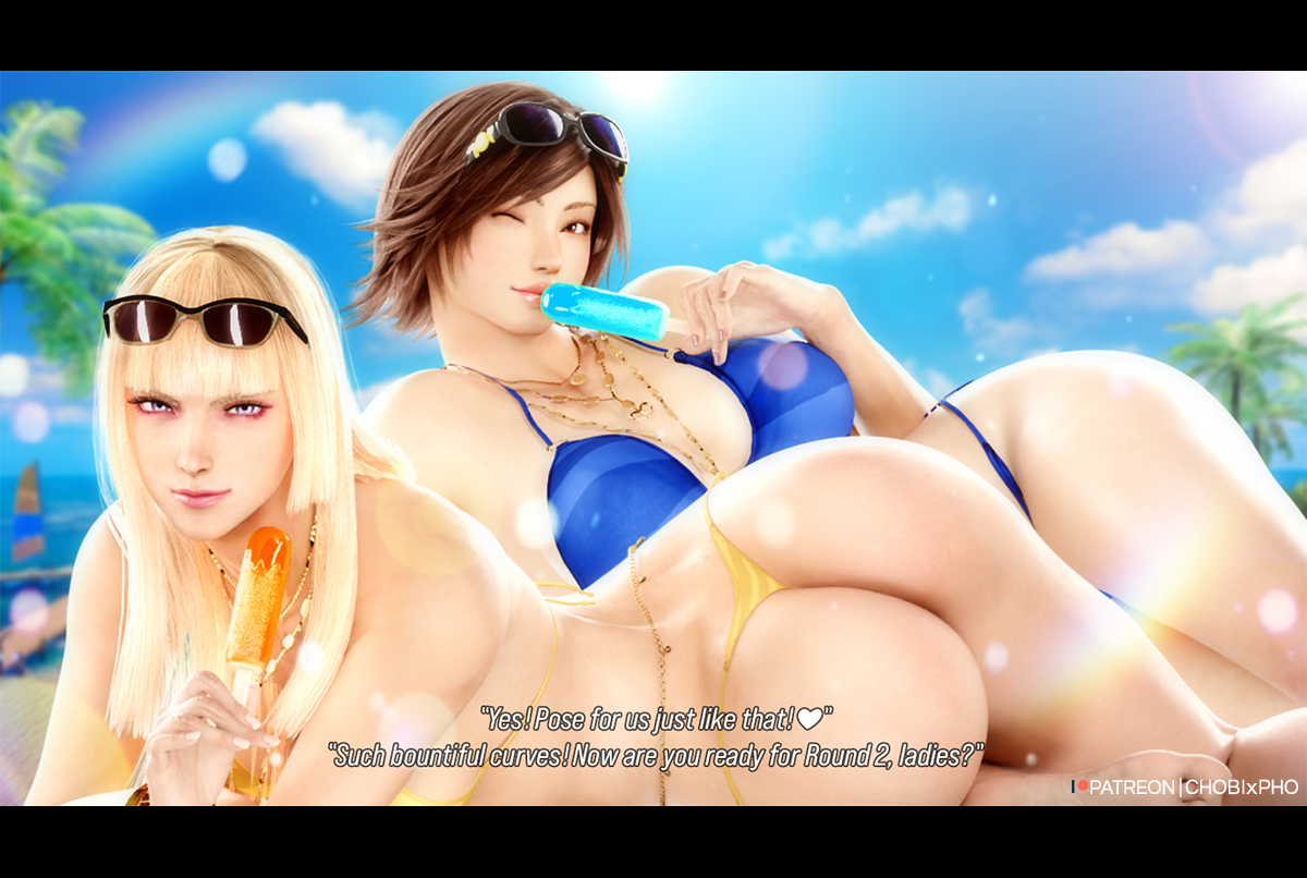 3d, beach, bikini, blonde hair, chobixpho, emilie de rochefort, female, kazama asuka, short hair, tekken, tekken 8, tomboy, voluptuous