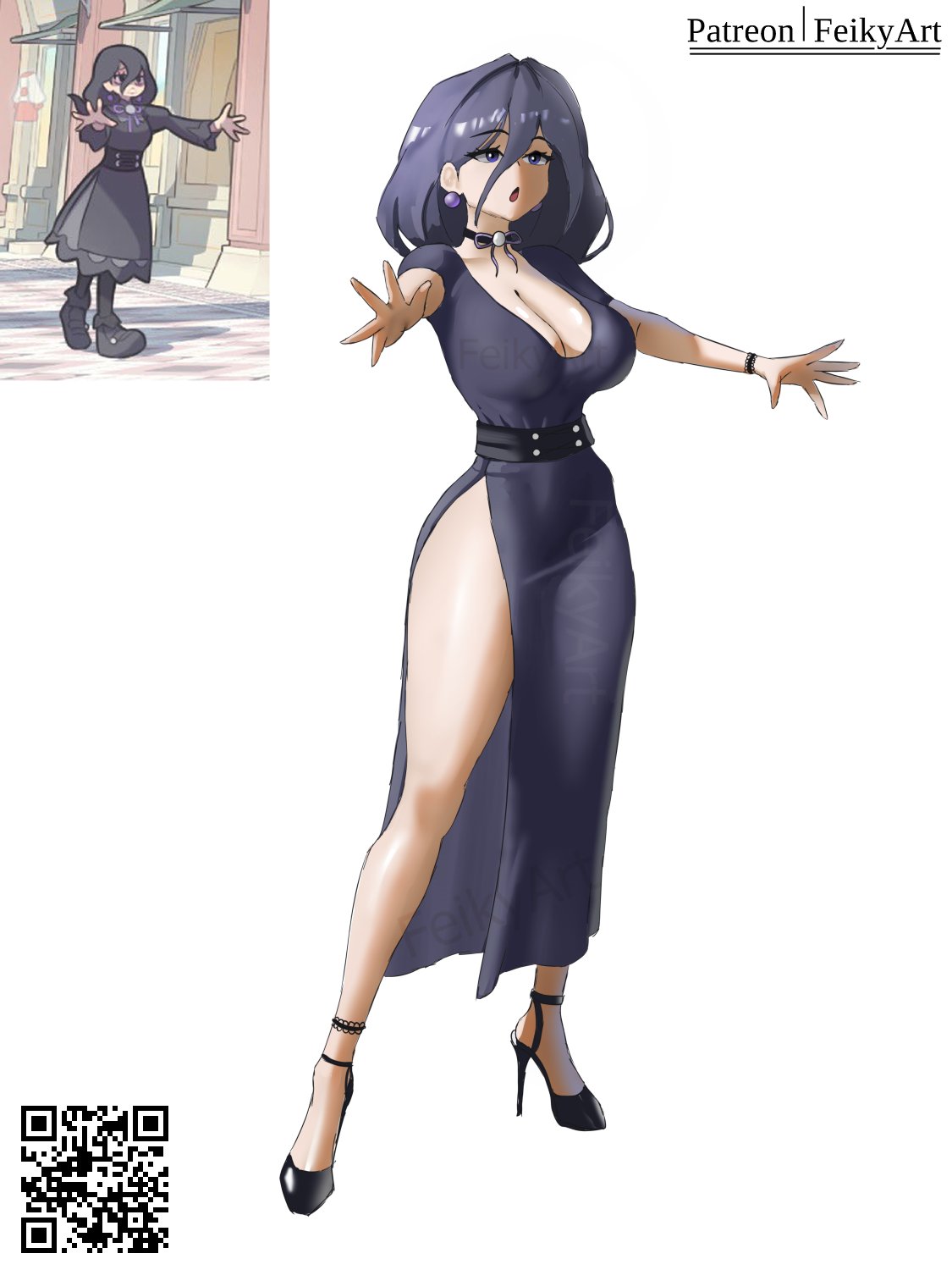 1girls, breasts, cleavage, dress, feikyart, female, female focus, female only, game freak, hex maniac, hex maniac (pokemon legends: z-a), high heels, large breasts, light skin, light-skinned female, nintendo, npc trainer, pokemon, pokemon legends: z-a, slit dress, solo, thick thighs, thighs, white background, wide hips