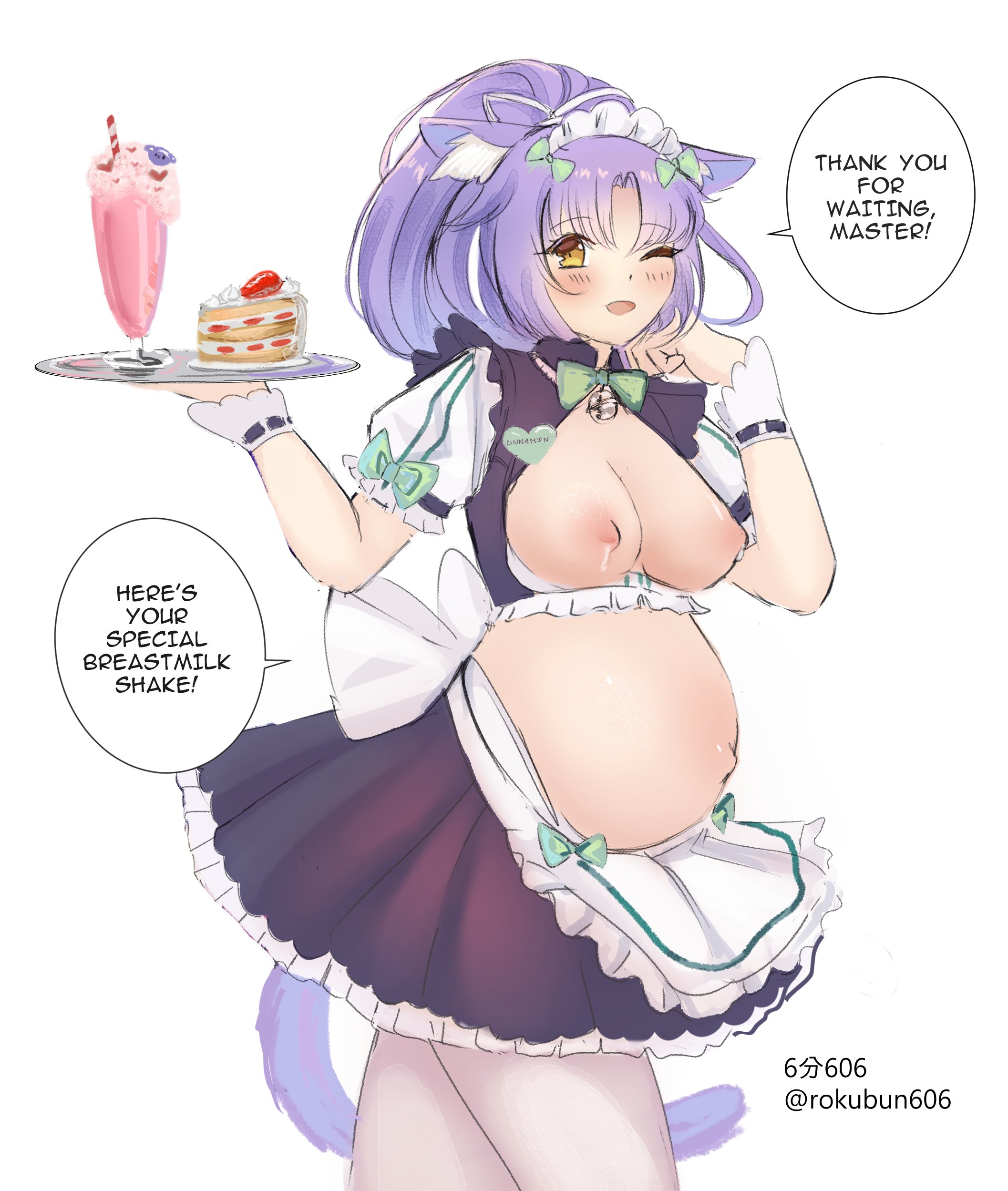 1girls, belly, big belly, breasts, cat ears, cat girl, catgirl, dialogue, female, female only, lactation, maid, maid headdress, maid uniform, nipples, outie navel, pregnant, purple hair, rokubun606, solo, text