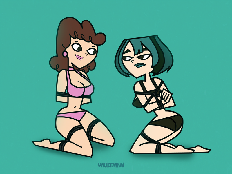 2girls arms_behind_back bikini black_bikini bondage bound bound_arms bound_legs brown_hair gwen_(tdi) kneeling mother_and_daughter pink_bikini swimsuit total_drama_island two_tone_hair vaultman