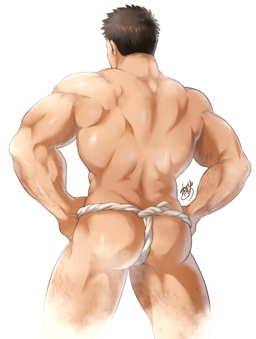 1boy arm_hair ass ass_focus back_muscles back_view bara beefy biceps big_ass brown_hair bubble_butt eyelashes fundoshi fundoshi_only gay hand_on_waist hi_res hunk leg_hair male male_only manly mature_male muscles muscular muscular_arms muscular_ass muscular_back muscular_legs muscular_male muscular_thighs no_visible_genitalia original original_character plump_ass practically_nude rokushaku_fundoshi round_ass short_hair solo standing steam sunfight0201 thick thick_arms thick_ass thick_neck thick_thighs topless tough_guy triceps white_background white_fundoshi yaoi