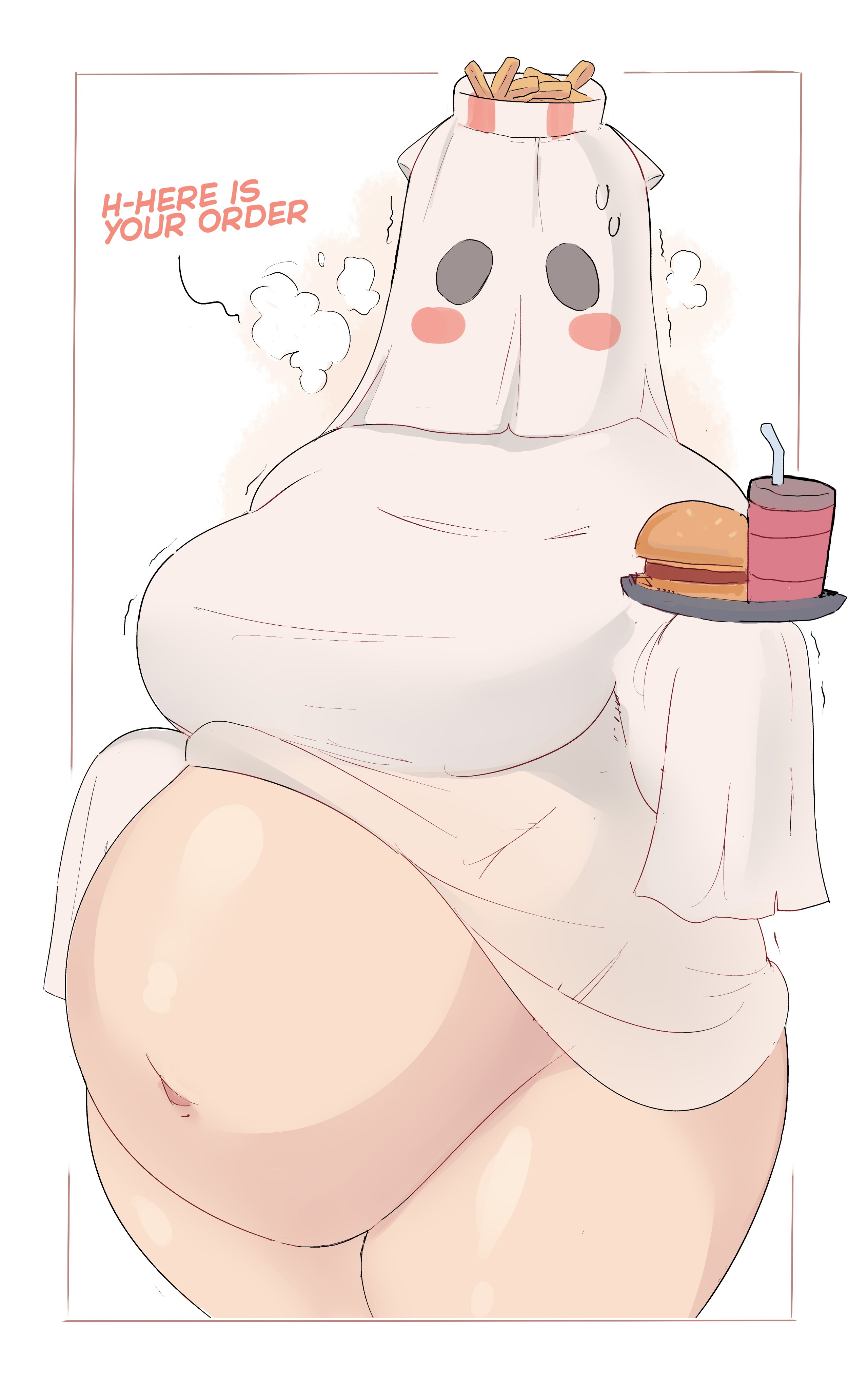 1girls, belly exposed, big belly, big breasts, blush, breasts, burger, english, english text, exposed belly, exposed fat belly, fat, fat belly, fat female, fat fetish, fat thighs, female, female only, halloween, halloween costume, napolitane, obese, obese female, overweight, overweight female, stuffed belly