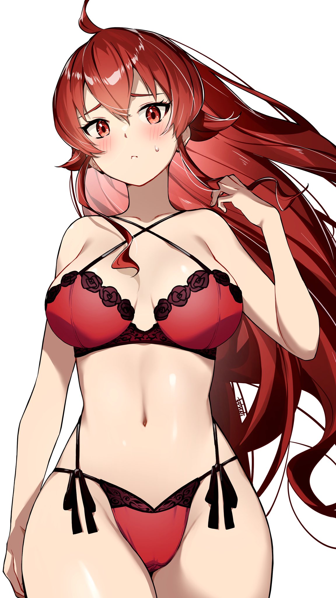 1girls ahoge alternate_costume blush bra breasts cross-laced_clothes eris_greyrat female_focus floating_hair gluteal_fold hair_between_eyes highres keisuke_tochi large_breasts lingerie long_hair looking_at_viewer mushoku_tensei navel panties red_bra red_eyes red_hair red_panties revision side-tie_panties signature simple_background solo standing sweat thighs underwear underwear_only