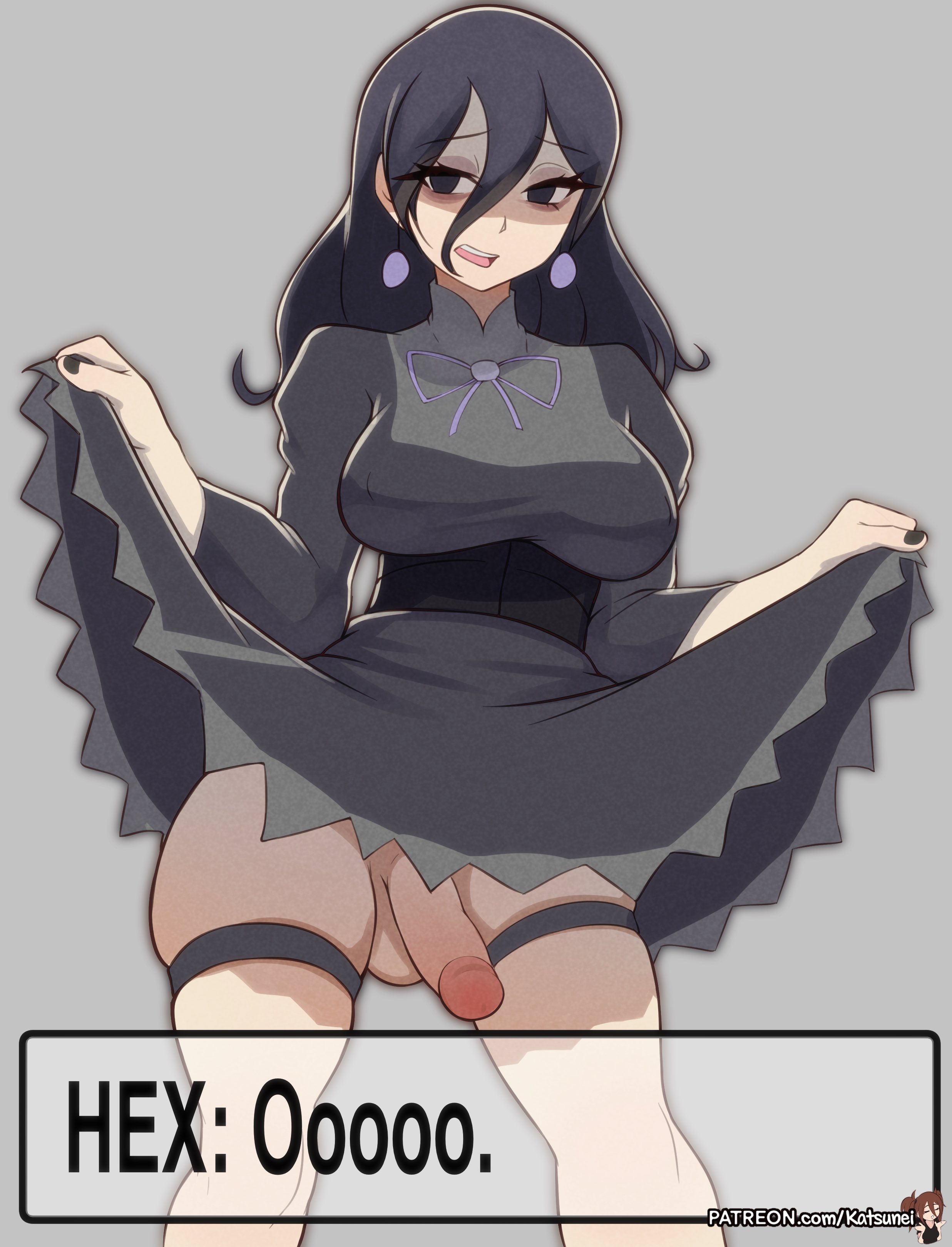 1futa, balls, big breasts, black dress, black eyes, black hair, black nail polish, black nails, breasts, dress, dress lift, ear piercing, earrings, english, english text, exposed penis, futa only, futanari, game freak, hair, hex maniac, hex maniac (pokemon legends: z-a), intersex, katsunei, long hair, nail polish, nails, penis, penis out, pokemon, pokemon legends: z-a, solo, solo futa, text, text box, thigh strap, thighs