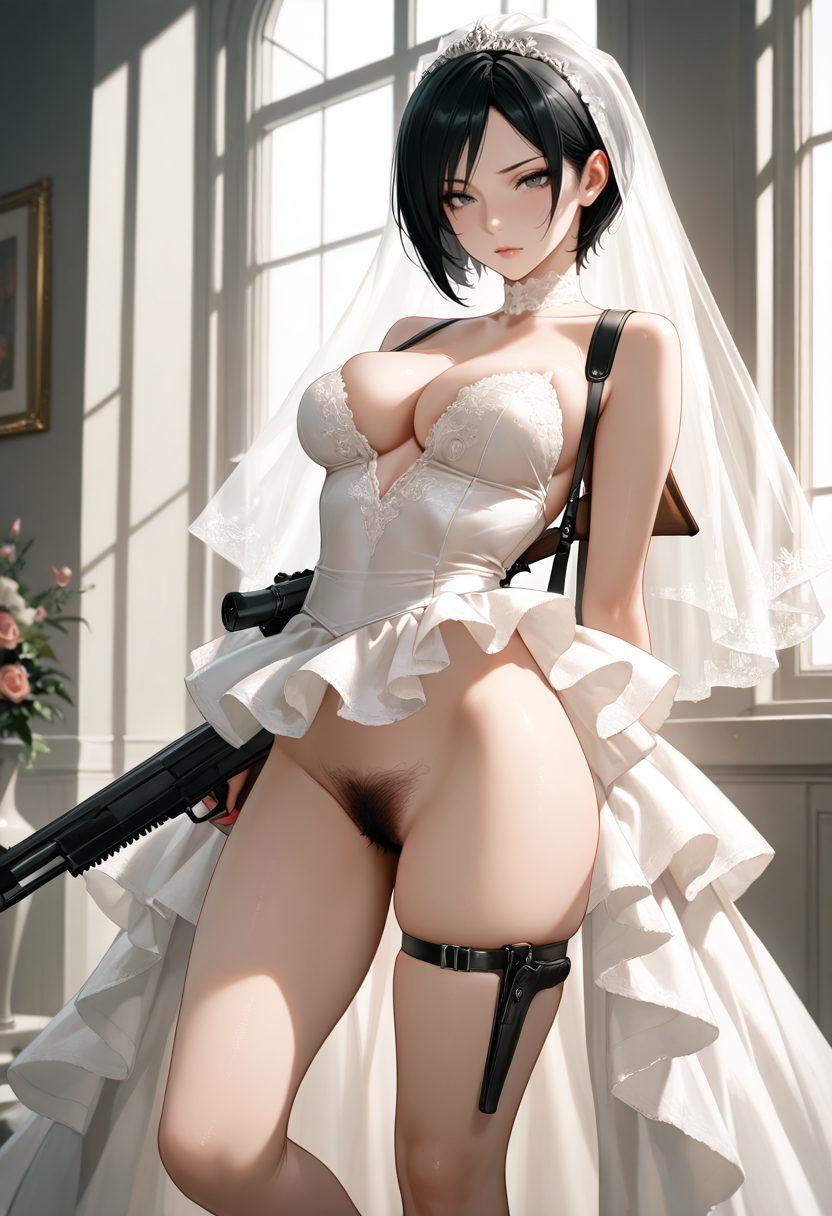 1girls ada_wong ai_generated bridal_veil bride choker cleavage firearm gun looking_at_viewer pubic_hair resident_evil self_upload skindentation stable_diffusion standing strap weapon wedding_dress wedding_veil